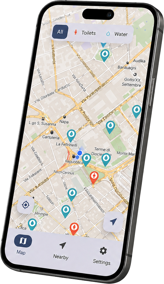 Oasis app showing a live map of nearby public toilets and drinking fountains